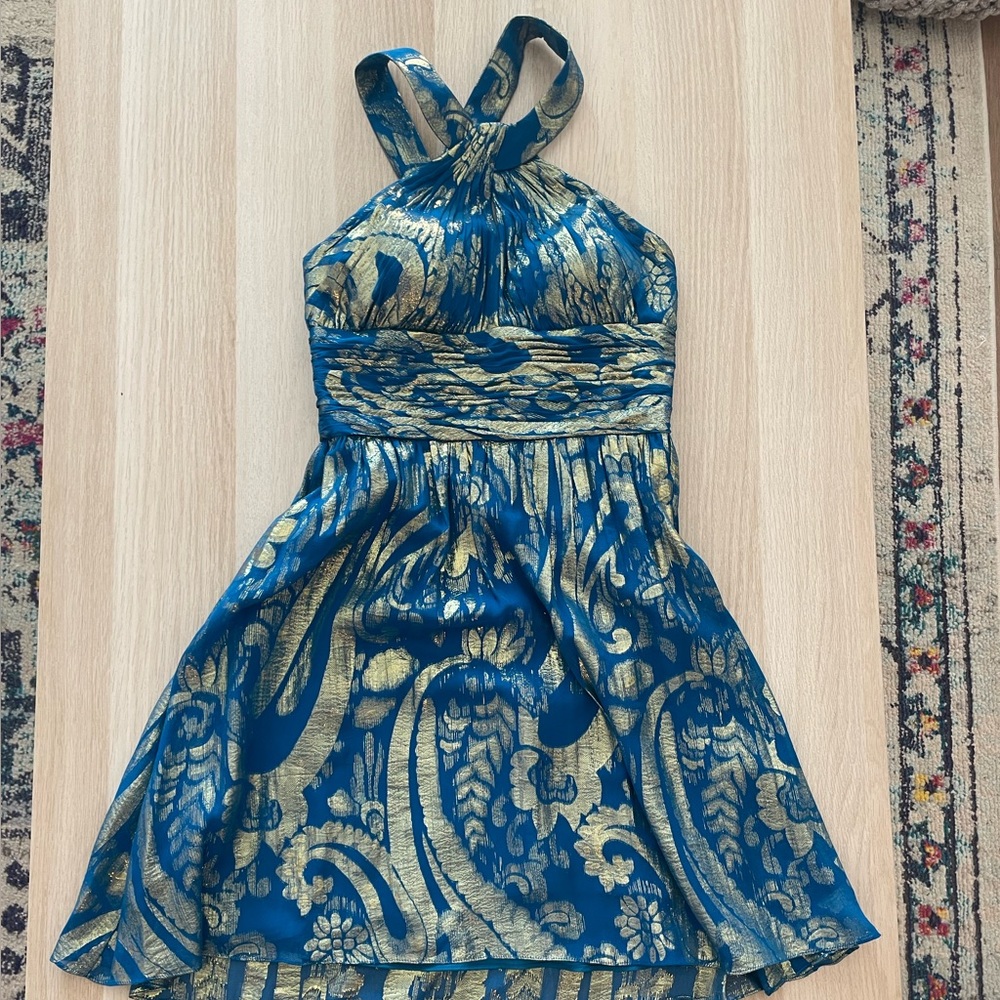 Aidan Mattox Silk Turquoise and Metallic Gold Cocktail Dress
